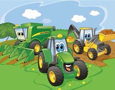 two cartoon tractors are in the middle of a field