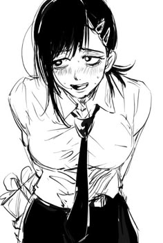 a black and white drawing of a woman wearing a shirt and tie with her hands on her hips