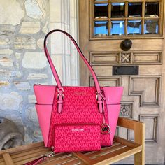 Guaranteed Authentic Brand New With Tags Attached Bundled 2pcs Set Handbag&Wallet Approximate Dimensions-15"(Top) 11"(Bottom) X 10"(H) X 4.375"(Between 4.25" And 4.5 Inches(D) Michael Kors Charlotte Large Top Zip Tote Coral Rf Multi Pink/Orange Mk Signature(Pebbled Leather Looks More Pinkish, And Mk Signature Pvc Or Coated Canvas Looks More Orangish In Color) + Matching Multifunction Wallet Shades Of Pink To Orange Color(Coral Reef Multi Listed On Michael Kors Tag)(Pebbled Leather Looks More Pin Pink Wallets For Daily Use With Dust Bag, Pink Wallet With Dust Bag For Travel, Pink Michael Kors Shoulder Bag With Top Carry Handle, Michael Kors Pink Purse, Michael Kors Pink Pouch Bag, Michael Kors Pink Wallet For Daily Use, Michael Kors Pink Shoulder Bag With Detachable Handle, Michael Kors Pink Travel Wallet, Michael Kors Pink Wallet