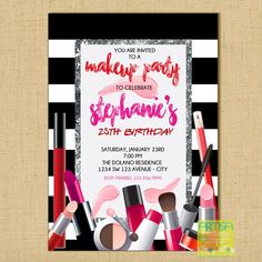 an image of birthday party card with makeup items on the front and bottom half of it