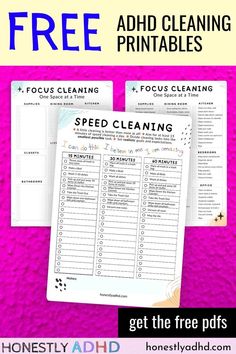 Three free printable ADHD cleaning checklists with the text "Free ADHD cleaning printables" and "honestly adhd" and "honestlyadhd.com." Free Printable Cleaning Schedule, Clean Room Checklist, Cleaning Your House, Cleaning Checklists, Room Cleaning, Cleaning Printable, Cleaning Schedule Printable, Life Binder, Household Management