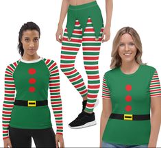 two women in matching christmas outfits, one wearing a santa clause outfit and the other wearing a green striped leggings