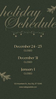 the holiday schedule is displayed on a green background with silver stars and snowflakes