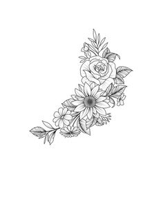 a black and white drawing of flowers with leaves on it's side, in the middle