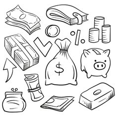 a black and white drawing of various items that are in the shape of a bag