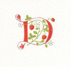 the letter d is decorated with flowers and leaves on it's side, as well as cherries