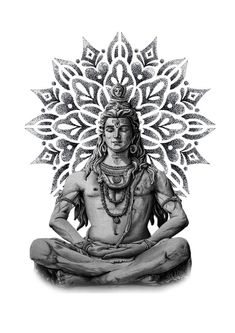 a black and white drawing of a person sitting in the middle of a lotus pose