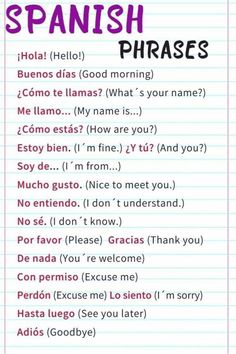 spanish phrases on lined paper with the words in pink and purple, which are written in different