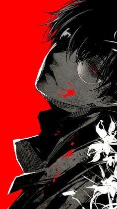 an anime character with glasses and blood on his face, standing in front of a red background