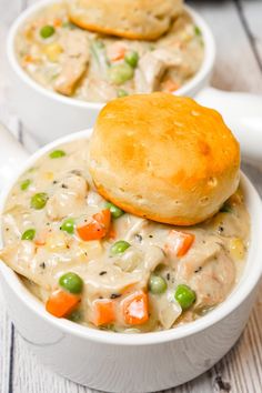 two bowls filled with chicken pot pie soup