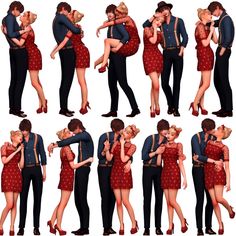 multiple images of a man and woman kissing in different poses, all dressed in red