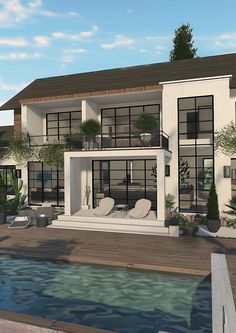 this is an artist's rendering of a modern house with pool and decking