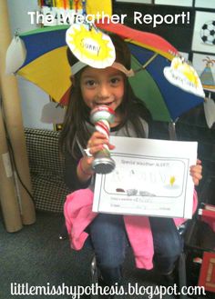 Weather Reporter Hat, microphone, and report. Great for encouraging oral language development and science! Weather Kindergarten, Preschool Weather, Miss Kindergarten, Weather Theme, Weather Activities, Kindergarten Lessons, Kindergarten Science, Preschool Science