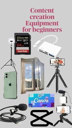 an advertisement for a camera and other electronics on a gray background with the words content creation equipment for beginners