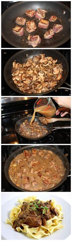 the process of cooking meat and pasta in an oven with three different pictures showing how to cook them