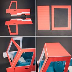 four different views of the inside of a cardboard box that is shaped like a car