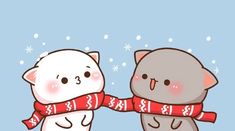 two cats wearing scarves and scarfs in the snow with snowflakes behind them