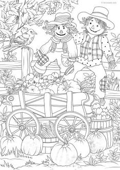 an adult coloring page with scarecrows and pumpkins in the fall season,