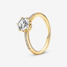 Pandora Clear Sparkling Crown Solitaire Ring - Size 5 | Gold | 168289C01-50 Rings Pandora, Holy Girl, Pandora Gold, Charms Pandora, Gold Promise Rings, Ring Shank, Pandora Rings, Claw Setting, Ring Hand