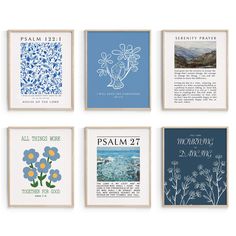 six framed art prints with flowers and bible verses on the front, in various colors