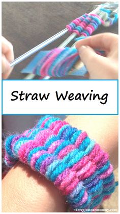 two pictures with the words straw weaving on them and an image of someone using yarn to crochet