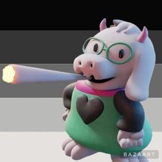 a cartoon dog with glasses holding a light saber in it's mouth and pointing to the side