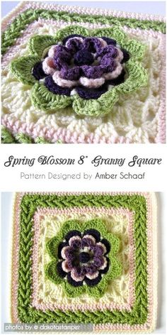 crocheted square with flowers on it and the words spring blossom & granny square written in