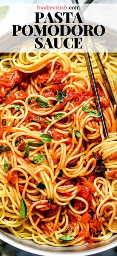 pasta with tomato sauce and basil in a pan