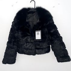 Brand New With Tags, Fuzzy Black Faux Fur Jacket, Size Xs Black Fitted Fur Coat For Cold Weather, Fitted Black Fur Coat For Cold Weather, Chic Black Fur Coat For Night Out, Winter Faux Fur Outerwear For Night Out, Black Edgy Outerwear With Faux Fur Trim, Winter Night Out Faux Fur Outerwear, Fitted Black Fur Coat For Fall, Edgy Winter Outerwear With Faux Fur Trim, Spring Outerwear With Faux Fur Trim For Night Out