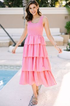 Look Your Way Pink Gingham Midi Dress Gingham Midi Dress, Tank Midi Dress, Outfit 2020, Sunday Church, Crop Cardigan, Mint Julep Boutique, Ruffled Skirt, Pink Gingham, Pink Midi Dress