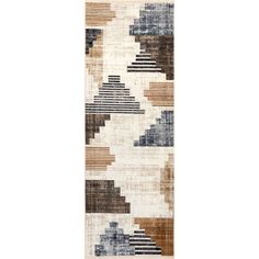 the runner rug is made from multicolored wool and has an abstract design on it