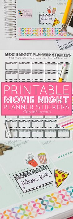 the printable movie night planner stickers are on top of a table with pens and pencils