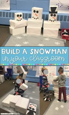 two children are playing with snowman blocks in their classroom at the same time as they build