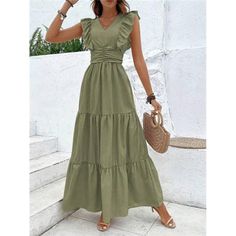 -Item Id 19975497.Html?Mallcode=1&Zeedropid=1656784 -Color: Army Green -Style: Casual -Pattern Type: Plain -Details: Ruffle, Ruffle Hem -Neckline: V Neck -Sleeve Length: Cap Sleeve -Type: A Line -Sleeve Type: Flounce Sleeve -Waist Line: High Waist -Hem Shaped: Layered/Tiered -Length: Long -Fit Type: Regular Fit -Fabric: Non-Stretch -Material: Fabric -Composition: 100% Polyester -Care Instructions: Machine Wash Or Professional Dry Clean -Sheer: No **Open To Offers!!!** **Bundle To Save More** **3 Black Floral Maxi Dress, Chic Maxi Dresses, Dress With Pleats, Linen Shirt Dress, Green Style, Ruffle Hem Dress, Flounce Sleeve, Classy Chic, Lulu Dresses