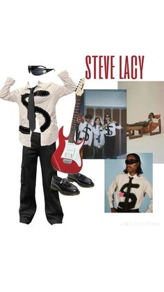 a man dressed in black and white is holding a red guitar, wearing a shirt that says steve lacy