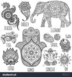 an elephant, hamsa and lotus symbols with the names of each animal in black and white