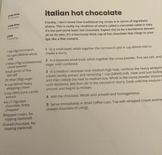 an italian hot chocolate recipe is displayed on a table