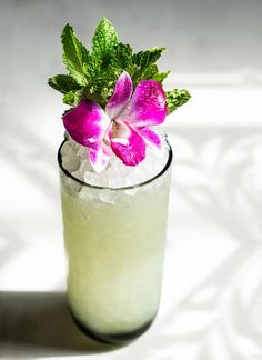 a tall glass filled with ice and a pink flower on the rim, sitting on a white surface