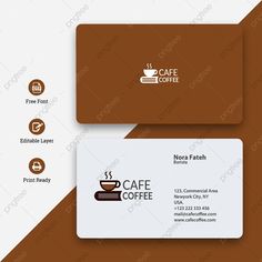 two business cards with coffee logos on the front and back, one for cafe coffee