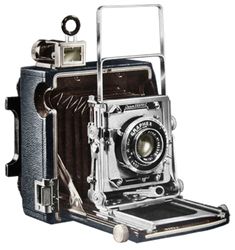 an old fashioned camera is shown on a white background with clippings to the side