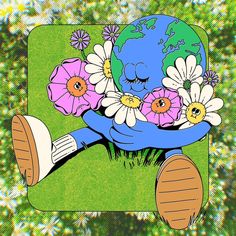 a drawing of a person with flowers in their hands and the earth on his back