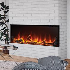 an electric fireplace in a living room with white brick walls