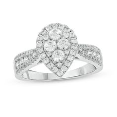 Display your love for all to see when you wear this dazzling pear-shaped multi-diamond frame triple-row engagement ring. Created in cool 10K white gold Multi-sized diamonds sparkle in a pear-shaped composite. A diamond halo surrounds the center. Graduated-size channel-set diamonds shimmer between dainty diamond borders along the tapered triple-row shank. This engagement ring captivates with 1 ct. t.w. of diamonds. Composite Diamond Rings, Pear-shaped Jewelry With Pave Setting For Wedding, Vvs Clarity Pear-shaped Diamond Ring For Anniversary, Pear-shaped Pave Setting Jewelry For Anniversary, Anniversary Pear-shaped Jewelry With Pave Setting, Pear-shaped Cluster Ring With Diamond Accents, Pear-shaped Vvs Clarity Anniversary Ring, Pear-shaped White Cluster Ring Fine Jewelry, White Pear-shaped Cluster Ring