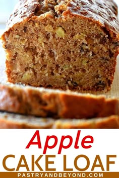 a loaf of apple cake sitting on top of a cutting board