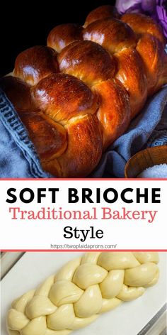 soft brioche traditional bakery style bread on a cutting board with text overlay