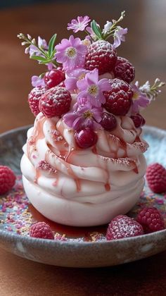 a cupcake with raspberries and flowers on top is sitting on a plate