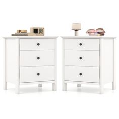 two white dressers side by side against a white background