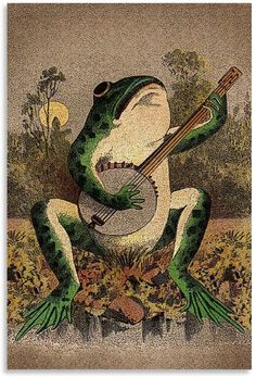 a frog playing a guitar in the grass