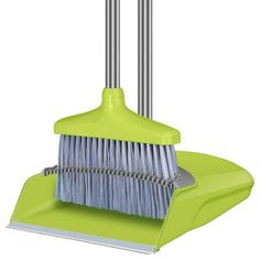 a green dustpan with two brooms on it and one brush in the middle