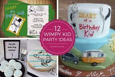 a collage of birthday cakes, cookies and desserts with the words diary of a wimpy kid written on them